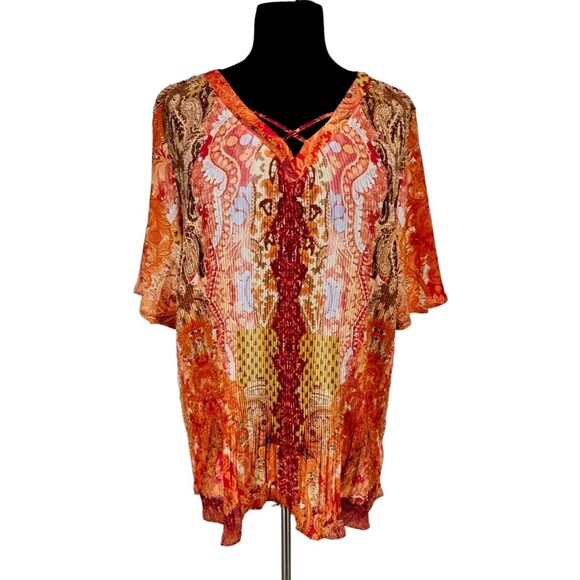 Avenue Tops - avenue Women Boho Tunic Top Plus Size 26/28 Plated Chiffon V-Neck Short SL 111A